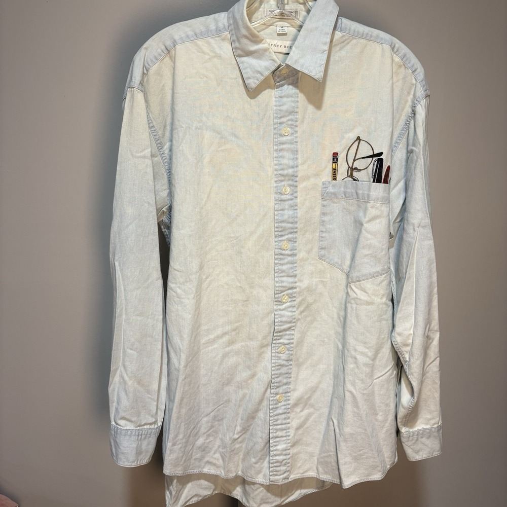 Vtg 90s Geoffrey Beene Embroidered Office Supplies Button Shirt Acid Wash Sz M